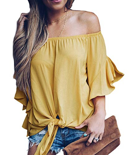 Women's Off Shoulder Bell Sleeve Solid Shirt Knot Tie Front Casual Blouses Tops Yellow S