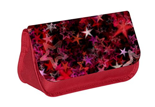 Pink and Red Stars Print - Girls Red Pencil Case - Pencil Bag - with 2 Zippered Pockets and Nylon Lining