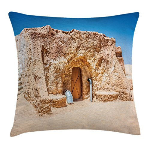 Ambesonne Galaxy Throw Pillow Cushion Cover, Abandoned Sets of Movie in Tunisia Desert Phantom Menace Galaxy Themed Image, Decorative Square Accent Pillow Case, 16inch  X 16inch , Brown Blue