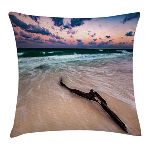 Ambesonne Driftwood Throw Pillow Cushion Cover, Seascape Theme with Driftwood on Deserted Beach at Sunset Digital Image, Decorative Square Accent Pillow Case, 16inch  X 16inch , Sand Brown Apricot