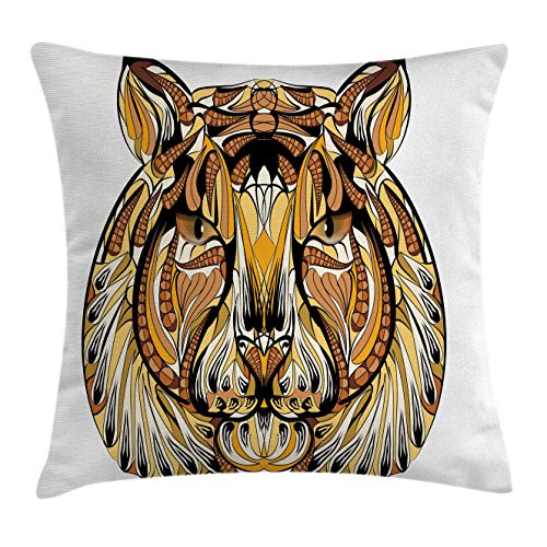 Ambesonne Tattoo Throw Pillow Cushion Cover, Head of Lion with Feather Art on His Mane Design Print, Decorative Square Accent Pillow Case, 16inch  X 16inch , Yellow Brown and White