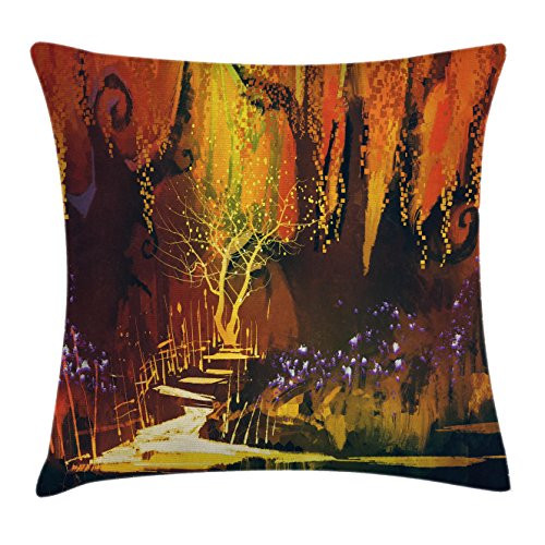 Ambesonne Fantasy Throw Pillow Cushion Cover, Enchanted World Imaginary Forest with Fastastic Image Scenery Absurd Elements, Decorative Square Accent Pillow Case, 16inch  X 16inch , Orange Brown