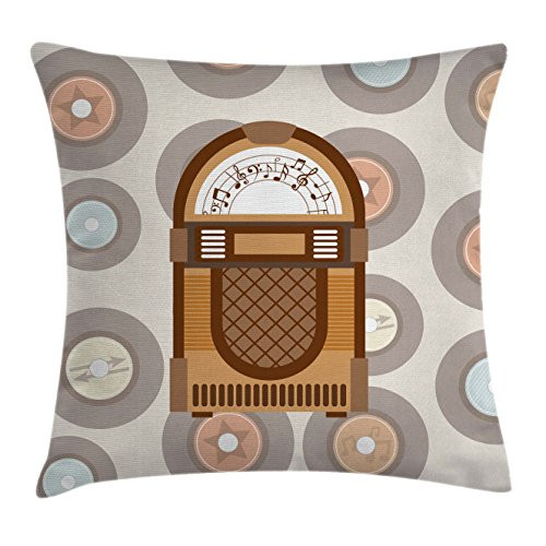 Ambesonne Jukebox Throw Pillow Cushion Cover, Pick up Music with Vintage Abstract Long Players Backdrop, Decorative Square Accent Pillow Case, 16inch  X 16inch , Brown Pale Coffee Grey and Peach