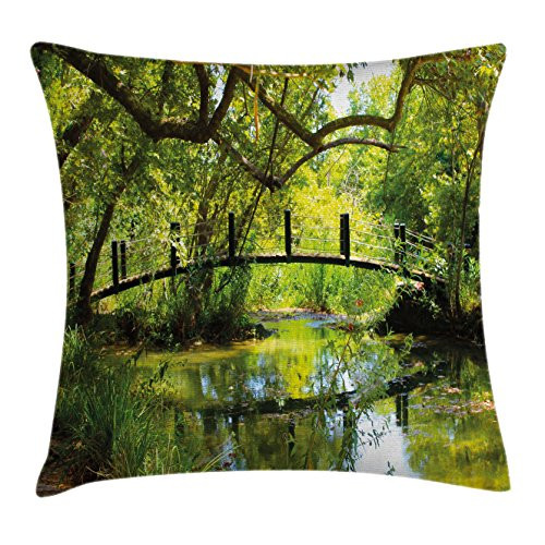 Ambesonne Nature Throw Pillow Cushion Cover, Photo of a Forest with Bridge Lake Wilderness Woods Greenery Spring Rural Scenery, Decorative Square Accent Pillow Case, 16inch  X 16inch , Green Brown