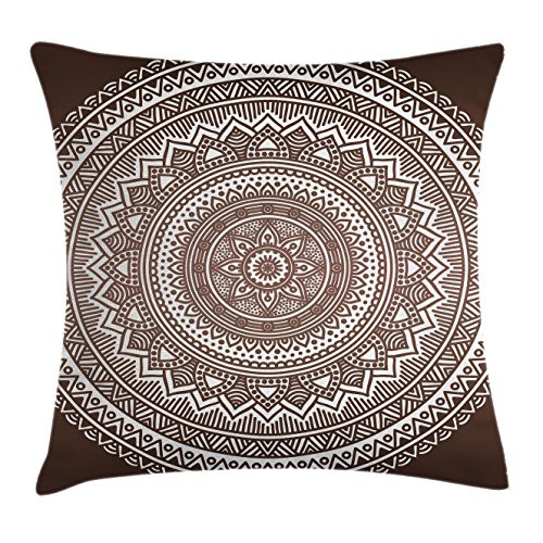 Ambesonne Brown Throw Pillow Cushion Cover, Mandala Pattern and Ombre Detailed Round Flower Art with Accents Print, Decorative Square Accent Pillow Case, 16inch  X 16inch , Dark Brown White
