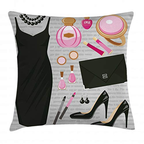 Ambesonne Heels and Dresses Throw Pillow Cushion Cover, Black Smart Cocktail Dress Perfume Make up Clutch Bag, Decorative Square Accent Pillow Case, 16inch  X 16inch , Black Pale Pink Pale Brown
