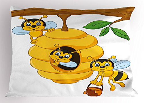 Ambesonne Nursery Pillow Sham, Branch of Tree with Beehive and Bees Honey Funny Insect Hardworking Mascot, Decorative Standard King Size Printed Pillowcase, 36inch  X 20inch , Yellow Brown Green