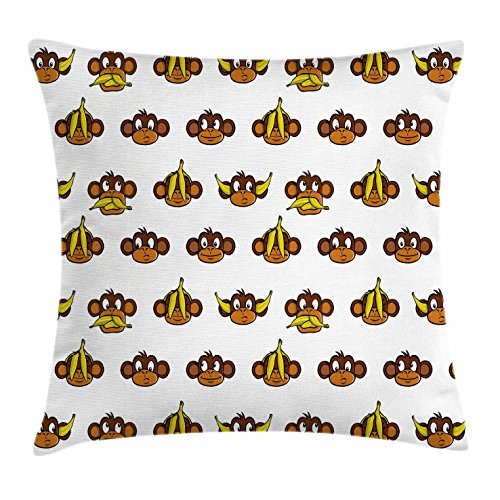 Ambesonne Nursery Throw Pillow Cushion Cover, Funny Monkeys with Bananas Various Expressions Animal Comedy Design, Decorative Square Accent Pillow Case, 16inch  X 16inch , Brown Pale Brown Yellow