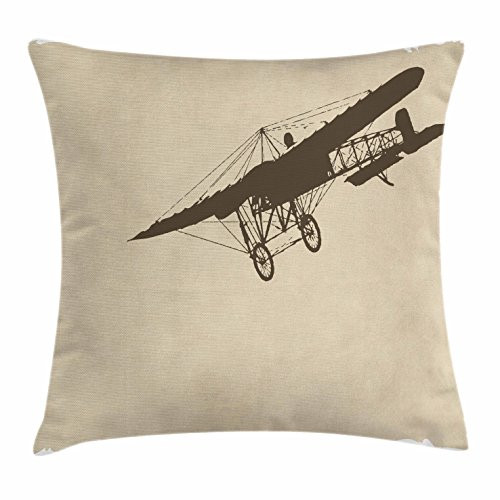 Lunarable Vintage Throw Pillow Cushion Cover, Retro Airplane Silhouette on Old Paper Style Background Transportation Adventure, Decorative Square Accent Pillow Case, 16inch  X 16inch , Tan Brown