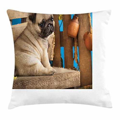 Ambesonne Pug Throw Pillow Cushion Cover, Puppy Photography with Sad Dog and Wildflowers on a Park Bench, Decorative Square Accent Pillow Case, 16inch  X 16inch , Pale Brown Yellow Blue