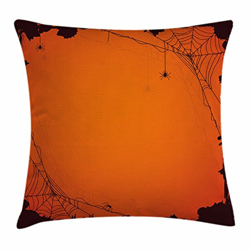Ambesonne Spider Web Throw Pillow Cushion Cover, Grunge Halloween Composition Scary Framework with Insects Abstract Cobweb, Decorative Square Accent Pillow Case, 16inch  X 16inch , Orange Brown