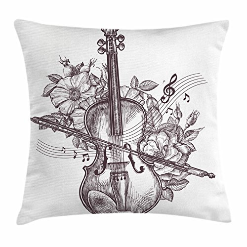 Lunarable Violin Throw Pillow Cushion Cover, Vintage Fiddle Instrument and Blossoms Rhythm Orchestra Melody Hand Drawn Art, Decorative Square Accent Pillow Case, 16inch  X 16inch , Dark Brown White