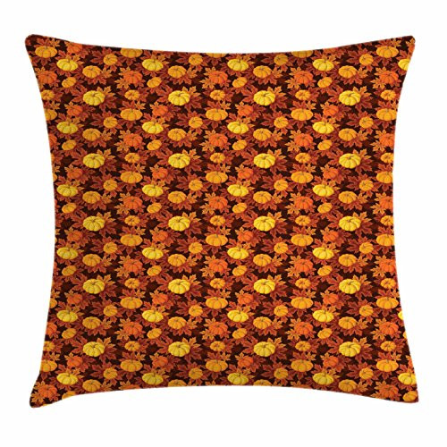 Lunarable Pumpkin Throw Pillow Cushion Cover, Autumn Illustration with Maple Leaves Squash Plants Warm Colored Pattern, Decorative Square Accent Pillow Case, 16inch  X 16inch , Orange Brown Yellow