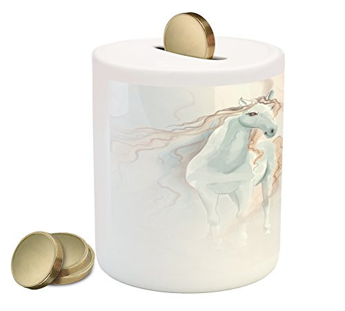 Lunarable Horse Piggy Bank, Watercolor Painting of a Fantasy Horse in Dreamlike Abstract Wavy Lines, Printed Ceramic Coin Bank Money Box for Cash Saving, White and Pale Brown