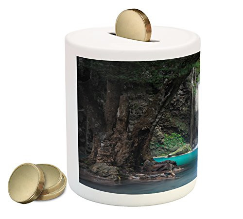 Lunarable Nature Piggy Bank, Surreal Scene Deep Down in Rainforest with Waterfall Idyllic Image, Printed Ceramic Coin Bank Money Box for Cash Saving, Turquoise Brown Fern Green