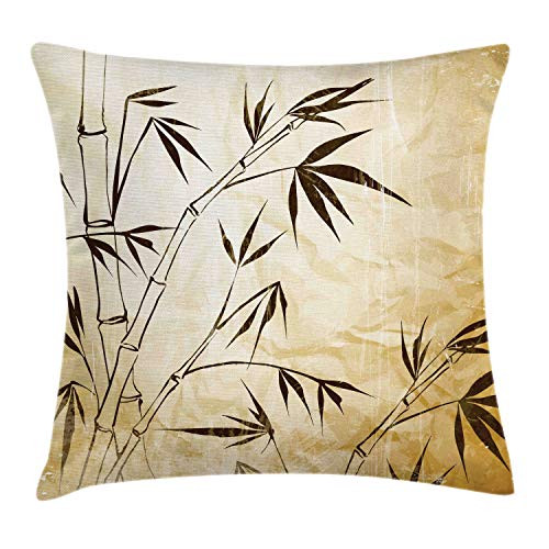 Lunarable Japanese Garden Throw Pillow Cushion Cover, Vintage Bamboo Stems on Grunge Toned Background Chinese Exotic, Decorative Square Accent Pillow Case, 16inch  X 16inch , Dark Brown and Beige