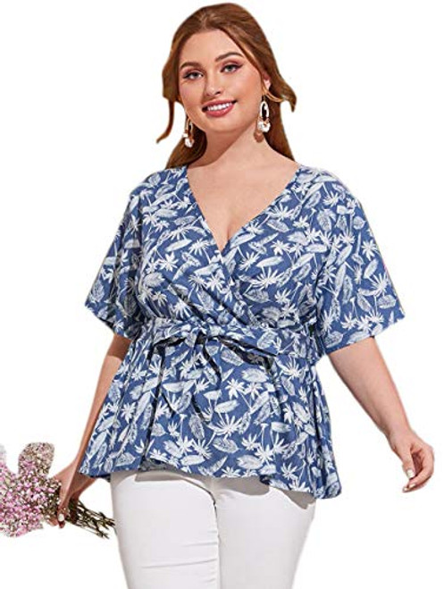 Romwe Women's Plus Tropical Short Sleeve Belted Wrap V Neck Denim Ruffle Peplum Tops Blouse BlueShort Sleeve 0X