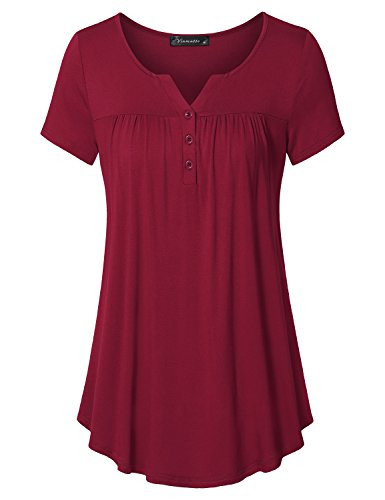 Vinmatto Women's Short Sleeve Henley V Neck Pleated Button Details Tunic Shirt TopXXL,Purple Red