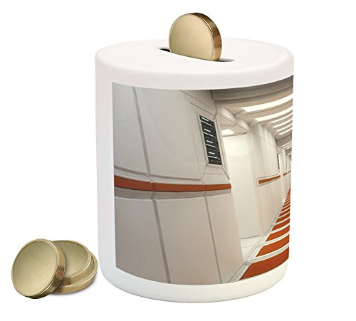 Ambesonne Outer Space Piggy Bank, Spacelaunch Spaceship Futuristic Interior Corridor Mars Planet World Image, Printed Ceramic Coin Bank Money Box for Cash Saving, White and Red