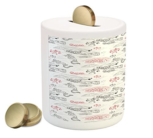 Ambesonne Ethnic Piggy Bank, Wall of China Folk Motif with Dragons and Local Men Culture Print, Printed Ceramic Coin Bank Money Box for Cash Saving, Dark Grey Red