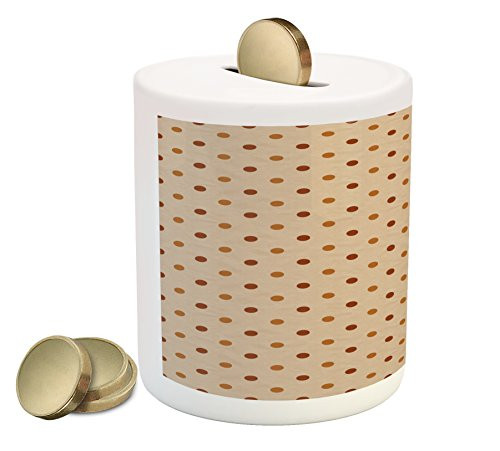 Ambesonne Tan Piggy Bank, Classical Old Fashioned Pattern of Polka Dots in Brown Colors Grungy Tile, Printed Ceramic Coin Bank Money Box for Cash Saving, Brown Pale Coffee Tan