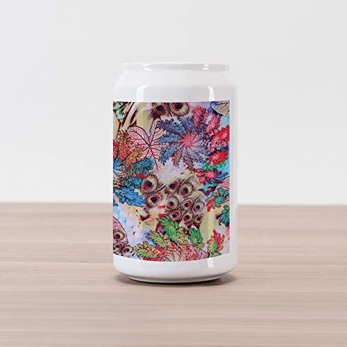 Ambesonne Peacock Cola Can Shape Piggy Bank, Colorful Floral Artwork with Peacock Feather Patterns and Leaves Art Print, Ceramic Cola Shaped Coin Box Money Bank for Cash Saving, Green Blue Red