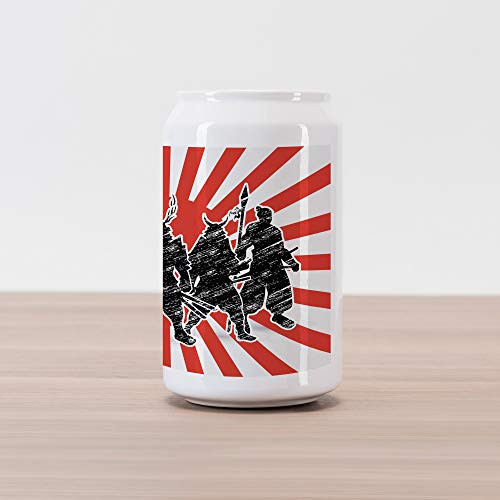 Ambesonne Japanese Cola Can Shape Piggy Bank, Group of Samurai Ninja Posing and Getting Ready on Unusual Striped Retro Backdrop, Ceramic Cola Shaped Coin Box Money Bank for Cash Saving, Red Black