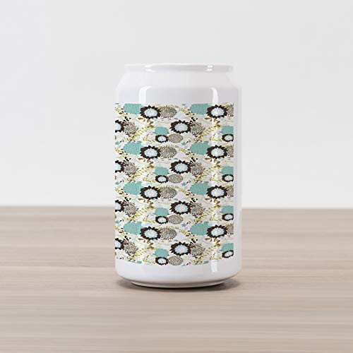 Ambesonne Flower Cola Can Shape Piggy Bank, Floral White Background with Blue and Brown Dandelions Leaves Swirls Artwork Print, Ceramic Cola Shaped Coin Box Money Bank for Cash Saving, Multicolor