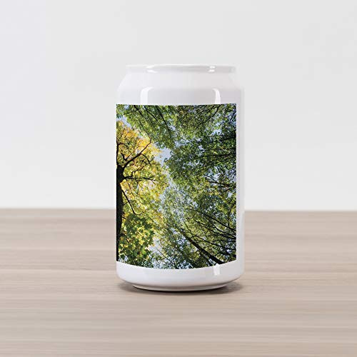 Ambesonne Tree Cola Can Shape Piggy Bank, Forest in Autumn Green Nature Deciduous Foliage Growth Eco, Ceramic Cola Shaped Coin Box Money Bank for Cash Saving, Pale Green Dark Brown Yellow