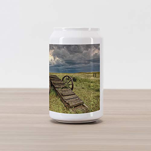 Ambesonne Barn Wood Wagon Wheel Cola Can Shape Piggy Bank, Old Prairie Cart Agricultural Field Ranch Dramatic Stormy Sky, Ceramic Cola Shaped Coin Box Money Bank for Cash Saving, Green Brown Grey