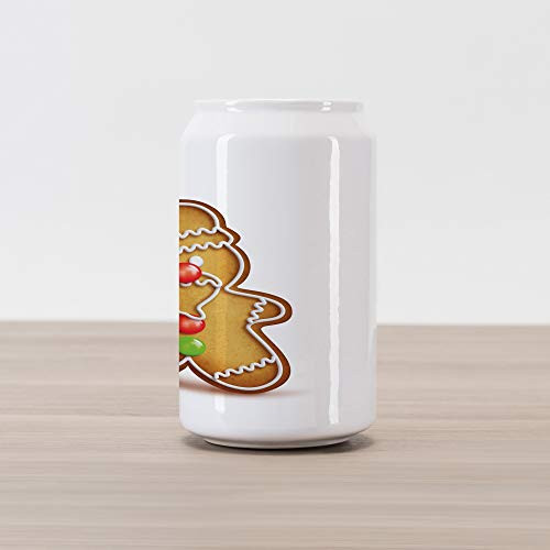 Ambesonne Gingerbread Man Cola Can Shape Piggy Bank, Whimsical Cartoon Santa Gingerbread Man with Bonbon Candies, Ceramic Cola Shaped Coin Box Money Bank for Cash Saving, Pale Brown Red Green