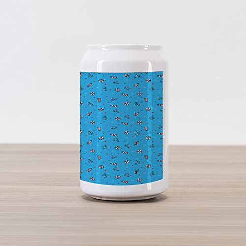 Ambesonne Lighthouse Cola Can Shape Piggy Bank, Polka Dotted Background Life Anchored Abstract Marine Vintage Nautical, Ceramic Cola Shaped Coin Box Money Bank for Cash Saving, Blue Red White