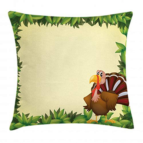 Ambesonne Thanksgiving Throw Pillow Cushion Cover, Turkey with Happy Expression Green Foliage and Fresh Leaves, Decorative Square Accent Pillow Case, 16inch  X 16inch , Pale Yellow and Green Brown