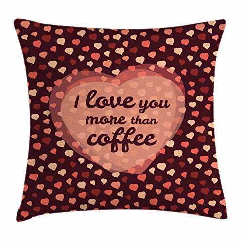 Ambesonne I Love You More Throw Pillow Cushion Cover, Happy Valentine's Day Celebration Coffee and Love Theme with Hearts, Decorative Square Accent Pillow Case, 16inch  X 16inch , Coral Peach Brown