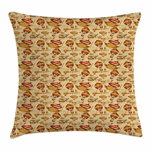 Ambesonne Vintage Airplane Throw Pillow Cushion Cover, Hand Drawn Aviation Themed Abstract Crafts Balloon and Planes, Decorative Square Accent Pillow Case, 16inch  X 16inch , Pale Brown Red Yellow
