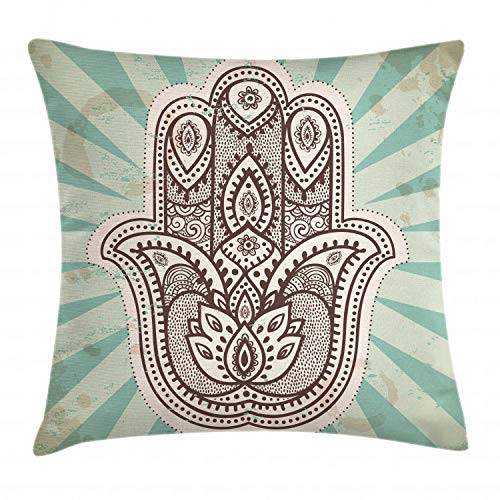 Ambesonne Mandala Throw Pillow Cushion Cover, Middle Eastern Hand Motif with Stripes Background Floral Design, Decorative Square Accent Pillow Case, 16inch  X 16inch , Pale Green Brown