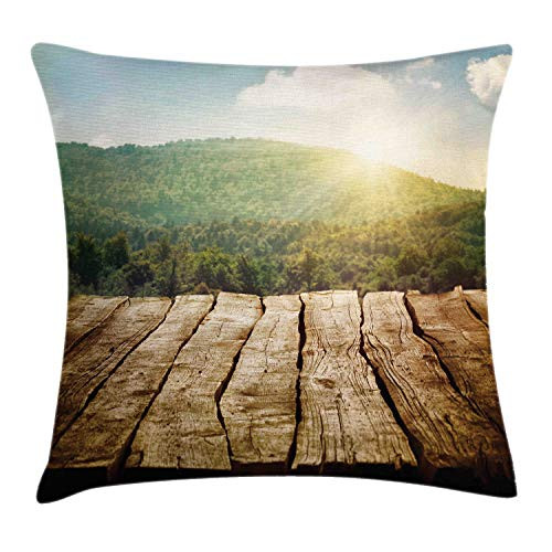 Ambesonne Rustic Wood Throw Pillow Cushion Cover, Spring Season Mountain Side Landscape with Sun Rays Blurred Out of Focus, Decorative Square Accent Pillow Case, 16inch  X 16inch , Brown and Green