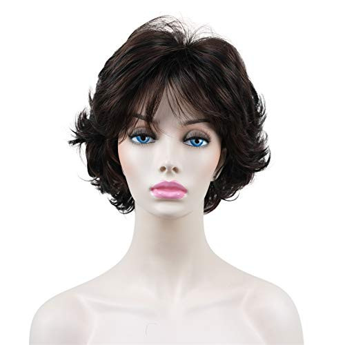 Onemily Short Wavy Curly Layered Synthenic Wigs with Hair Bangs for Women Girls Dark Auburn Black