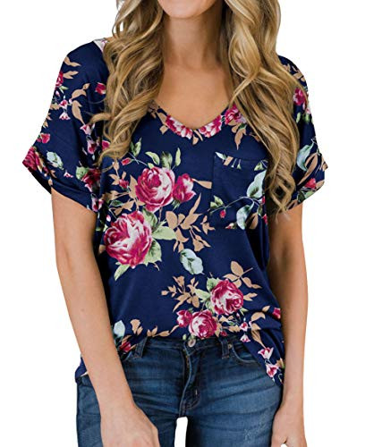 PrinStory Women's Casual Tops Short Sleeve V-Neck Shirts Leopard Print Loose Blouse Basic Tee T-Shirt Printed Flower Rose Navy Blue US Medium