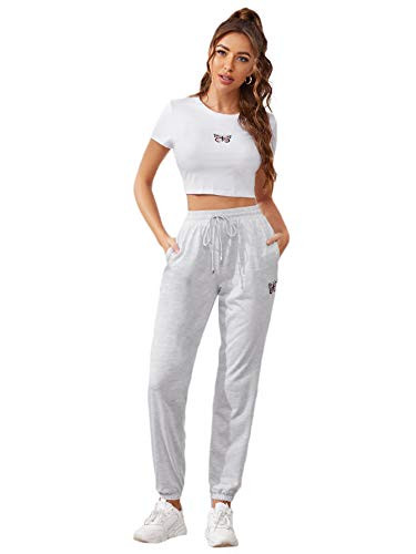 SweatyRocks Women's 2 Piece Outfits Butterfly Print Crop Tee and Sweatpants Set Tracksuits White Grey Small