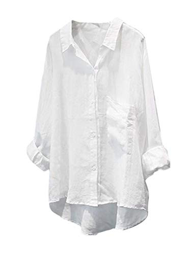 FTCayanz Women's Casual Linen Blouses Tops V Neck Long Sleeve Button Down Shirts White Small