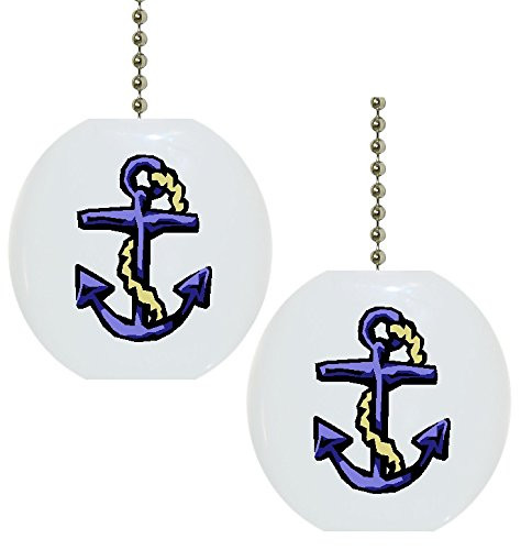 Set of 2 Blue Anchor Nautical Solid Ceramic Fan Pulls
