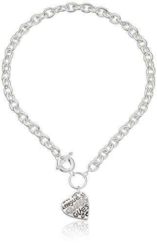 GUESS inch Basicinch  Silver and Crystal Graffiti Heart Toggle Pendant Necklace, 16inch