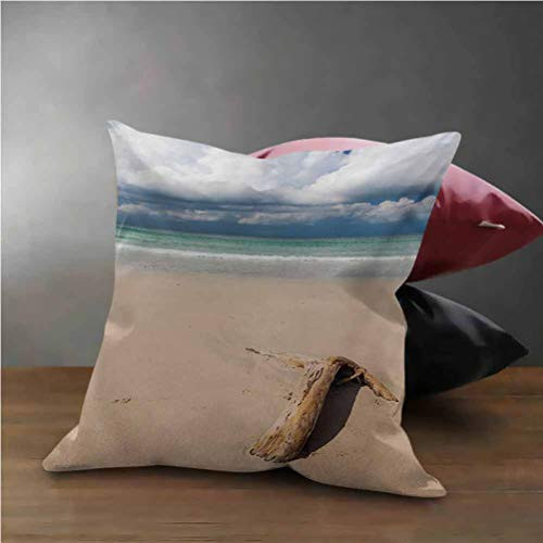 HouseLook Driftwood Square Pillow Case A Driftwood on The Beach and Cloudy Sky Coming Storm Theme Digital Image Throw Pillow Case Cushion Cover Sand Brown and Blue 16inch x16inch
