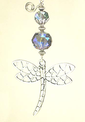 Large Silvery Metal Dragonfly and Faceted Pale Purple-Blue Glass Ceiling Fan Pull / Light Pull