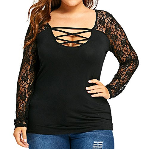 Kangma Women Plus Size Lace Patchwork Long Sleeve Casual Shirt Tops Blouse 22,Black B