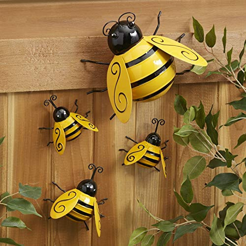 Briskly41 Decorative Metal Bumble Bee Bugs Garden Accents Lawn Ornaments Sculpture Outdoor Set of 4