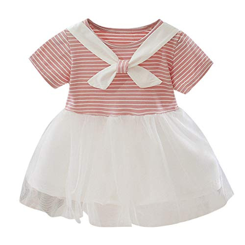 Toddler Infant Baby Girls Dress Kid Girl Striped Short Sleeve Princess Skirt Set Kids Patchwork Tulle Clothes Pink