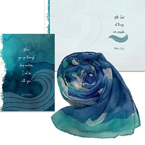 Smiling Wisdom - With God, All Things Are Possible Greeting Card Gift Set - Navy and Aqua Scarf - Sympathy Grief Supportive Uplifting Consoling - For Her Woman Friend - Aqua Blue Teal - New