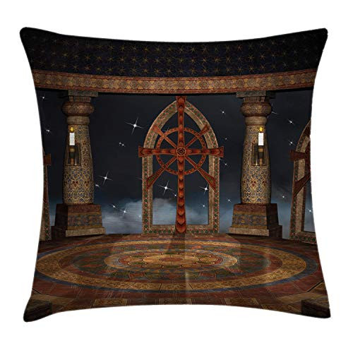 Ambesonne Medieval Throw Pillow Cushion Cover, Gothic Building in The Sky Large Terrace Fantasy Architectural Image Print, Decorative Square Accent Pillow Case, 18inch  X 18inch , Dark Grey Brown